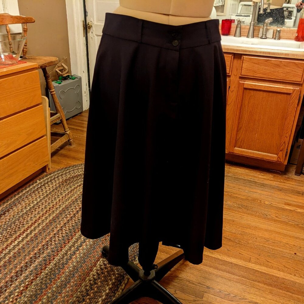 dark purple high-waisted midi flared twill office skirt